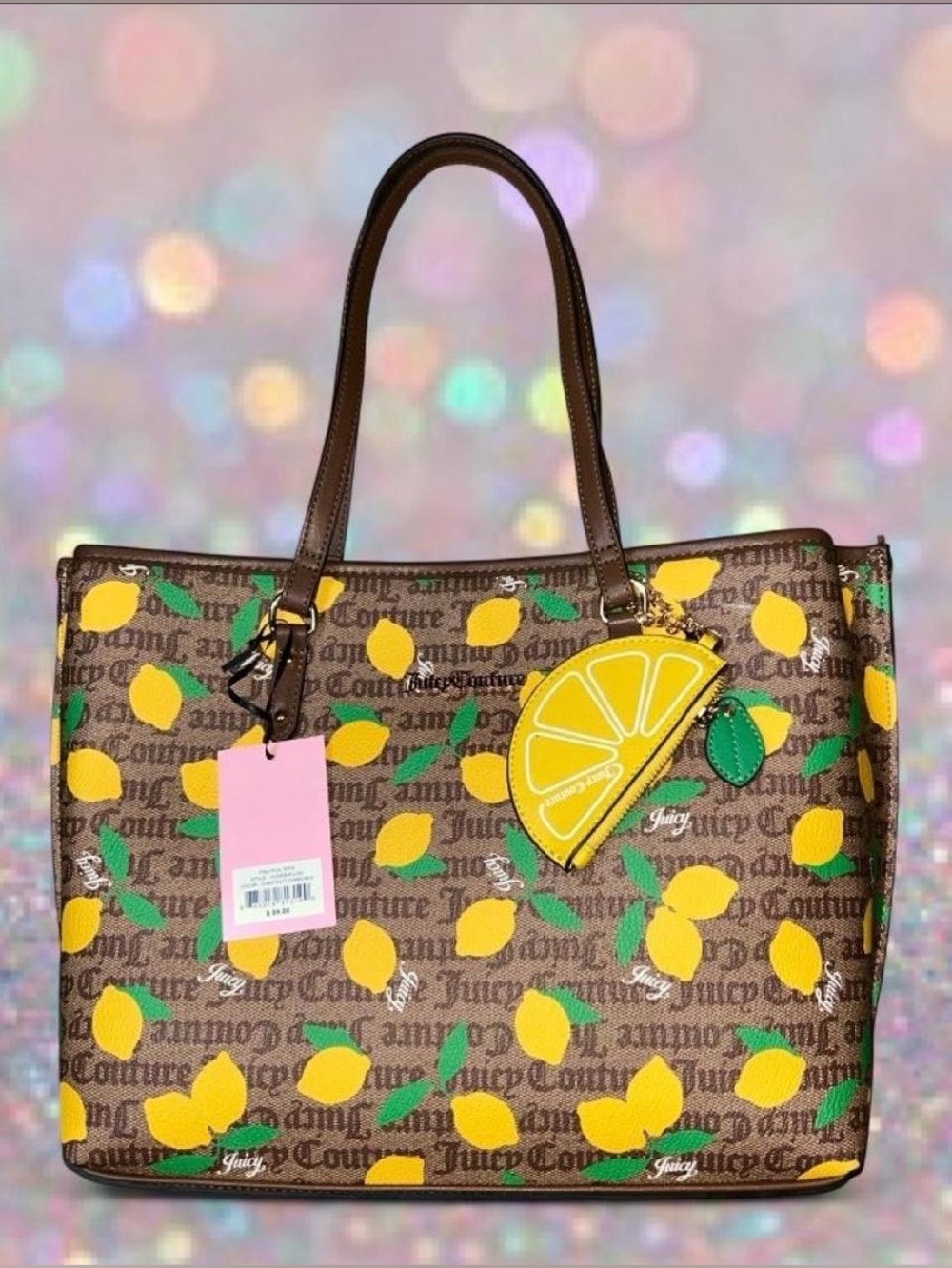 Juicy Couture Brown Tote with Yellow Lemon Print and Yellow Charm